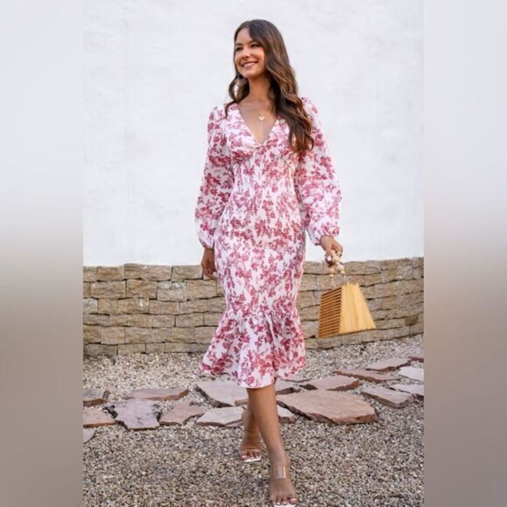 Cupshe Smocking Ruffle Slimming V neck‎ Pink Floral Dress Size XL